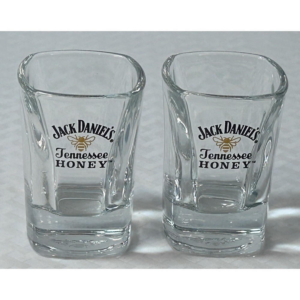 Jack Daniels Honey Promo Shot Glass Set 2‎ Bee Logo Collector Barware Cups